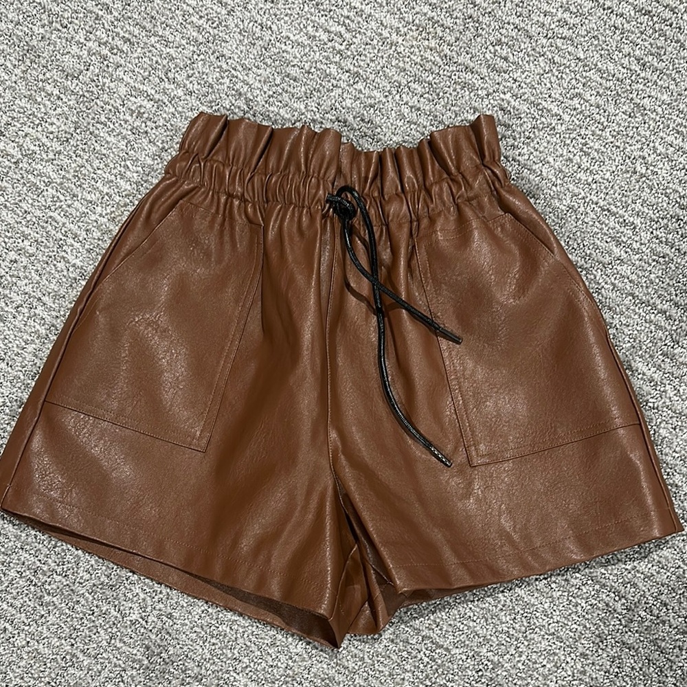 High Waist Brown Leather Shorts with Elastic Waistband